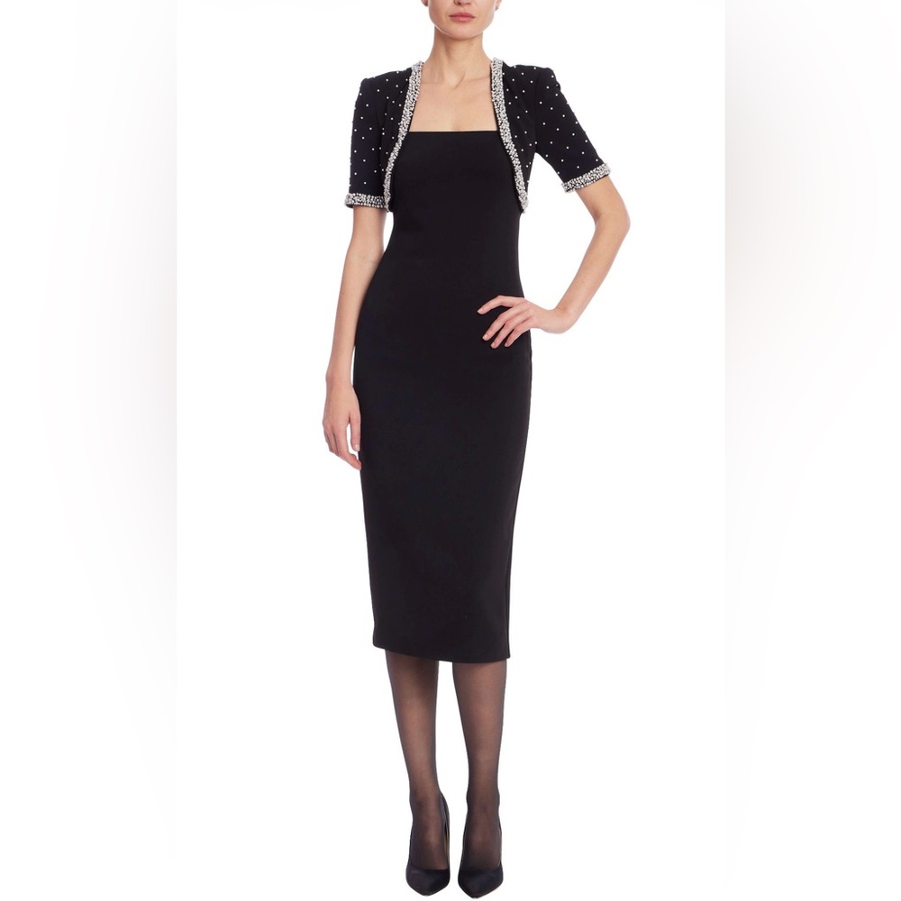 Badgley Mischka Black Pearl Crystal Neckline Midi Dress Size 12 NWT Elegant